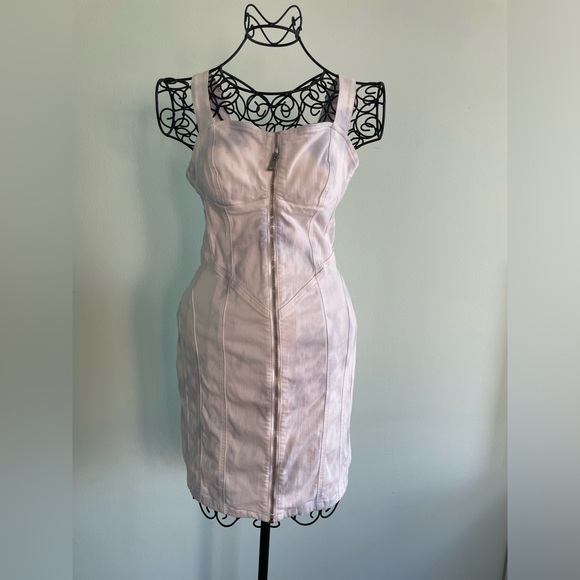 Guess corset style mini dress with zipper in light blue and white denim - Picture 1 of 13
